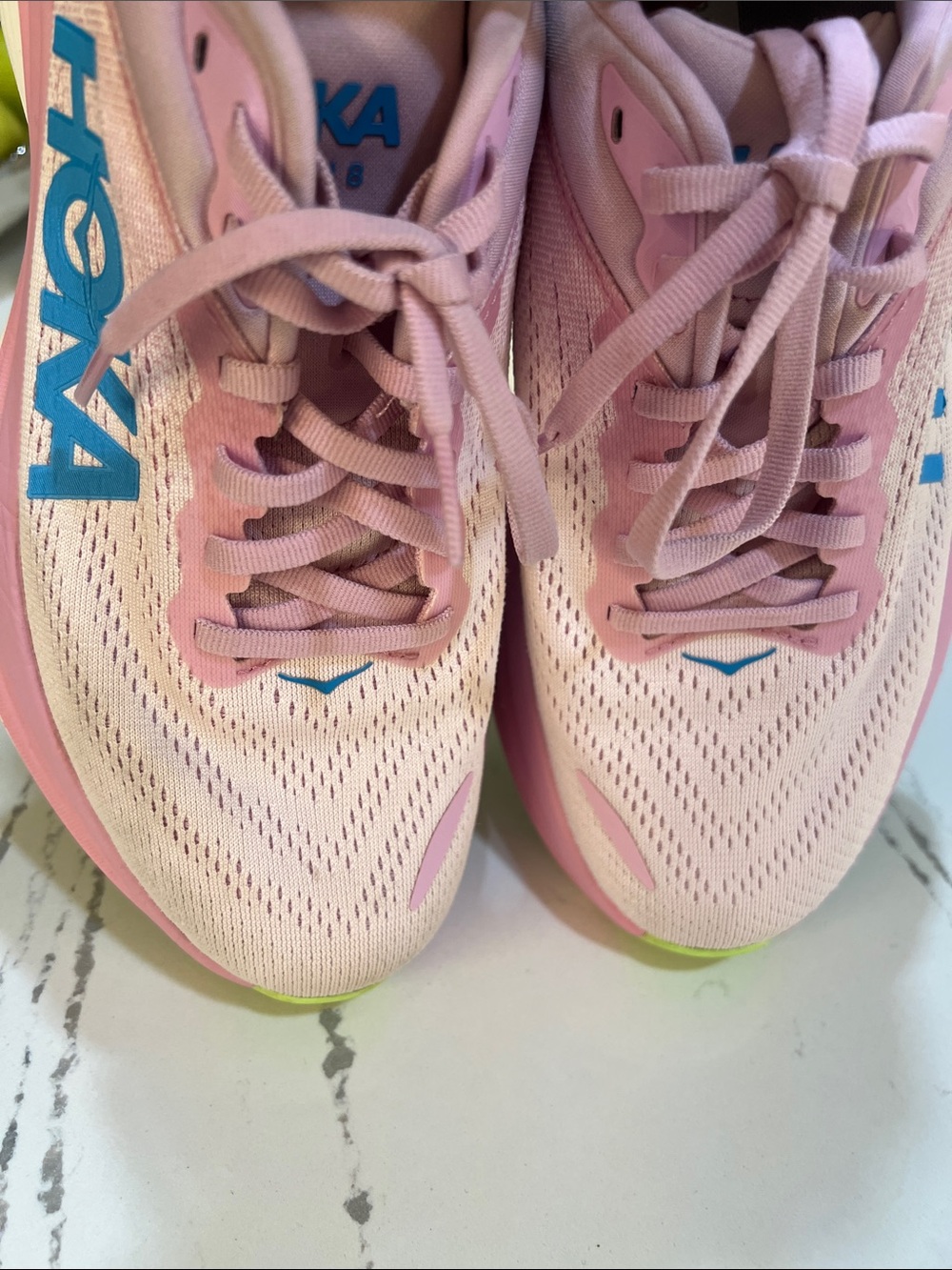 Hoka Bondi 8 Women's Pink and Neon Lime Running Shoes with Blue Logo size 8.5 - Picture 14 of 15